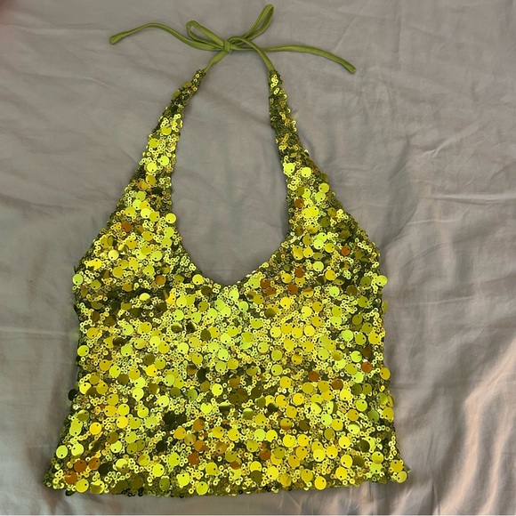 White Fox Boutique Small Just Over You Sequin Halter Top Kiwi Green, Crop Tank - Picture 4 of 13